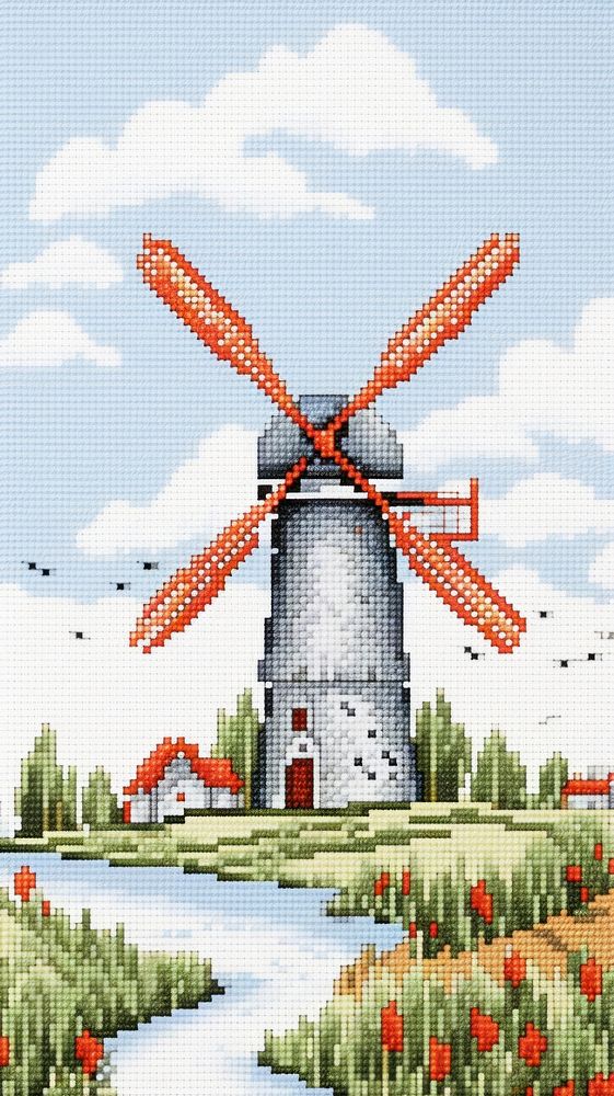 Cross stitch windmill landscape outdoors art.