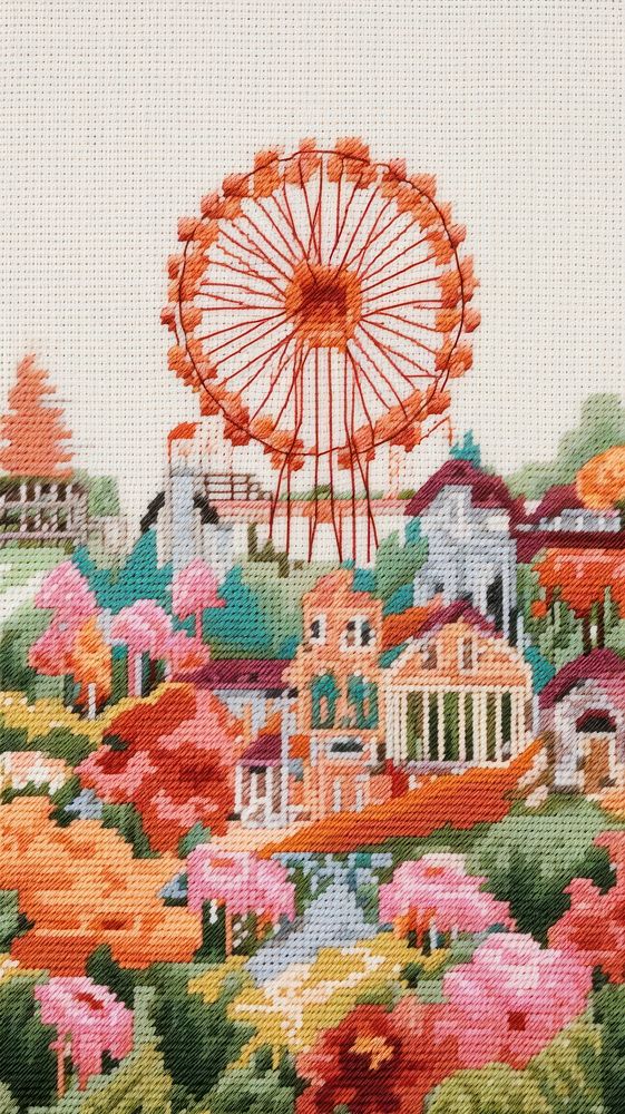 Cross stitch amusement park embroidery tapestry pattern.
