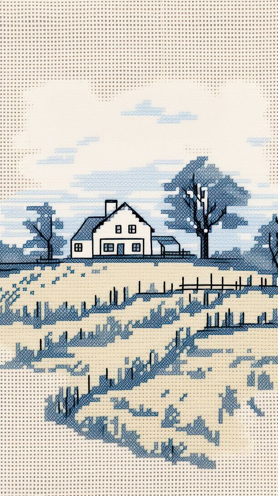 Cross stitch farmhouse embroidery landscape pattern.