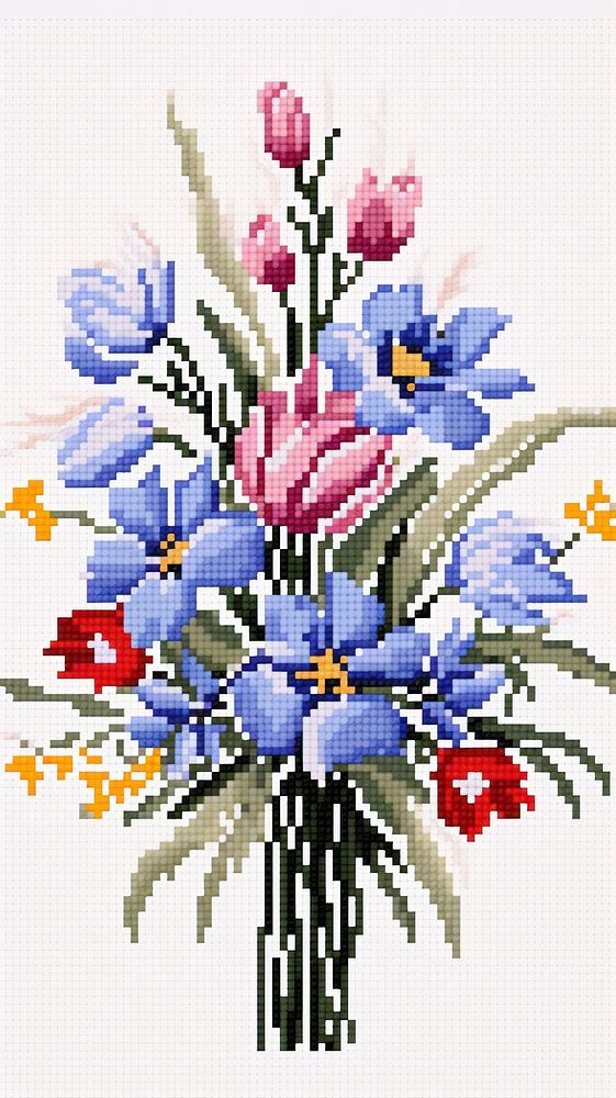 Cross stitch flower bouquet embroidery graphics pattern.