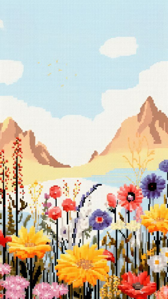 Cross stitch flower filed nature embroidery landscape.