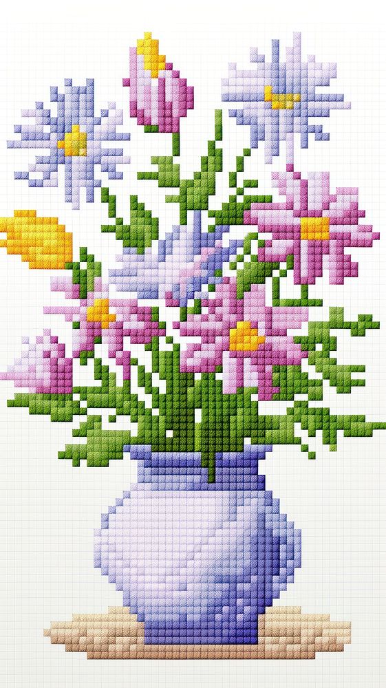 Cross stitch flower vase embroidery pattern nature.