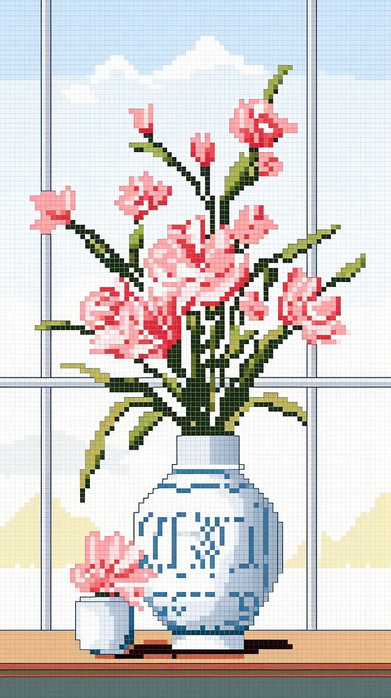 Cross stitch flower vase embroidery pattern window.