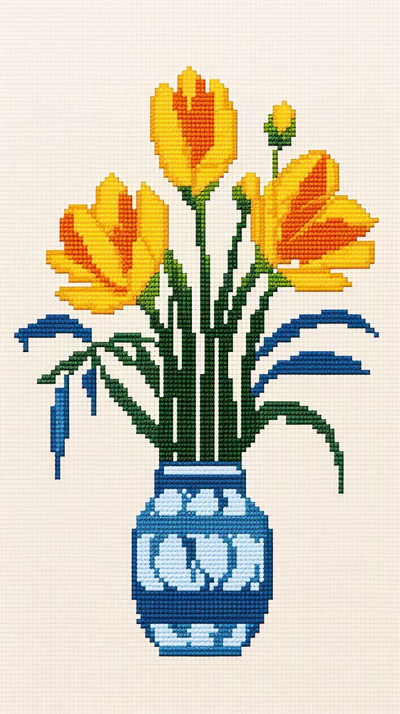 Cross stitch flower vase embroidery graphics pattern.