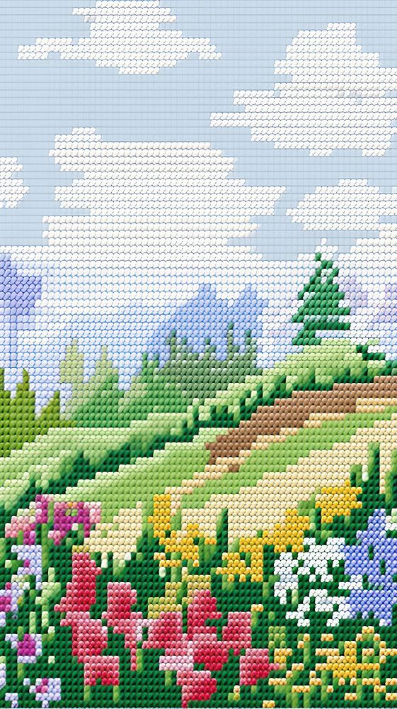 Cross stitch garden embroidery landscape pattern.