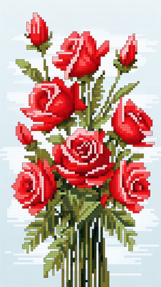 Cross stitch holding red roses embroidery graphics pattern.