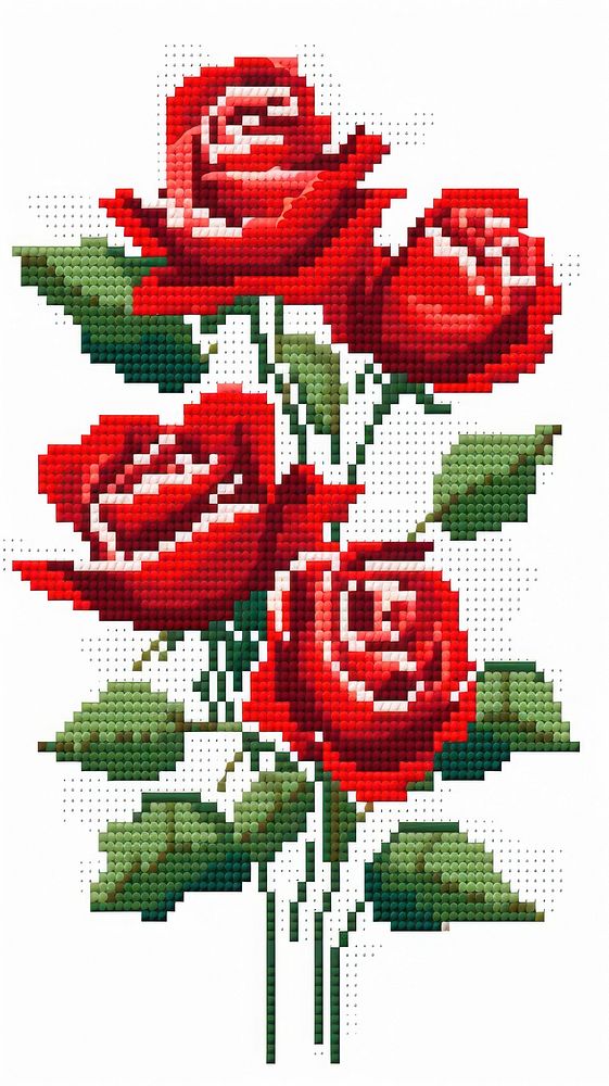 Cross stitch holding red roses embroidery pattern flower.