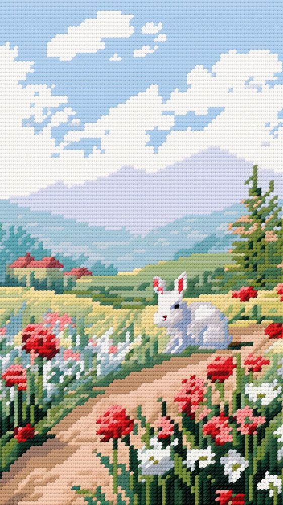 Cross stitch rabbit embroidery landscape tapestry.