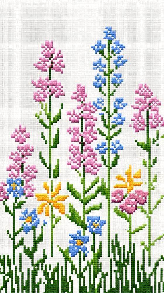 Cross stitch spring flowers embroidery pattern nature.