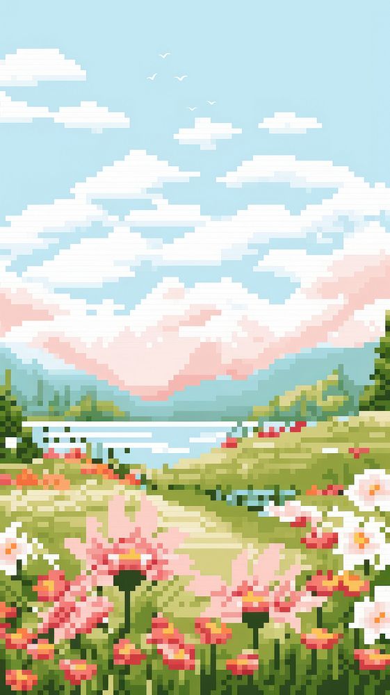 Cross stitch spring flowers landscape nature outdoors.