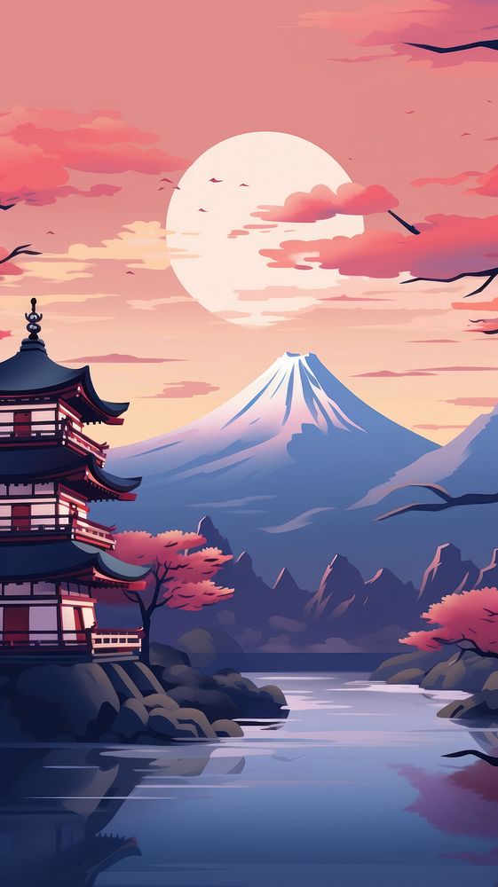 Minimal japanese castle with fuji mountain evening landscape outdoors scenery.
