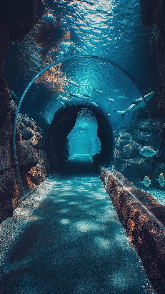 Tunnel in aquarium underwater outdoors nature.