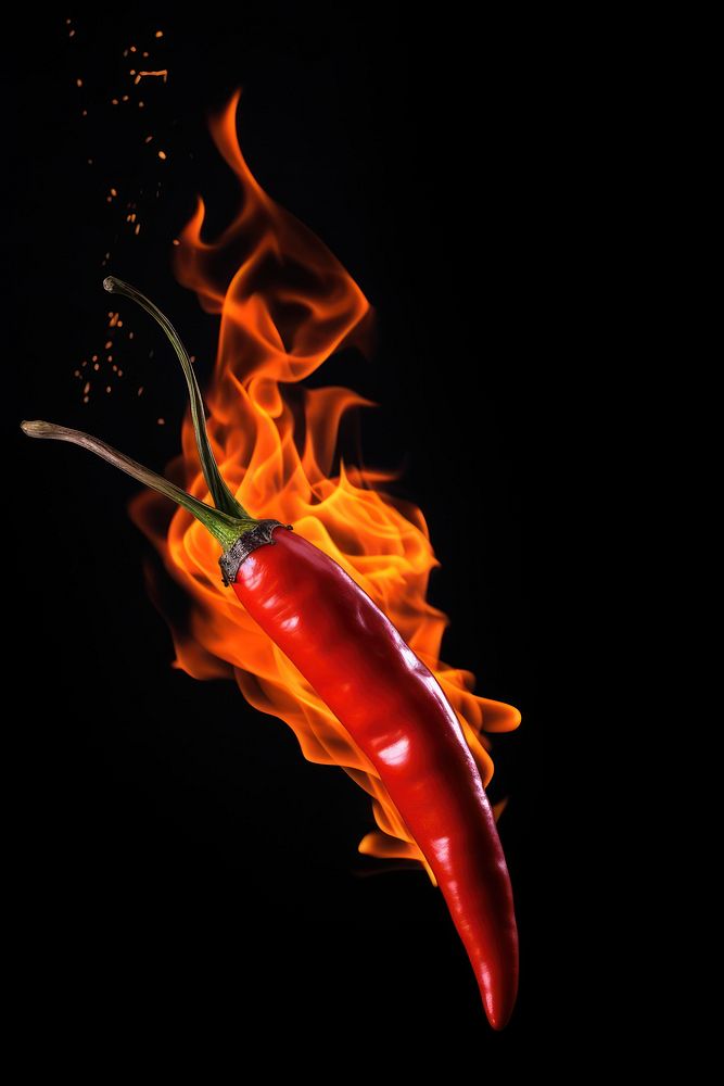 Chili on Fire fire flame black background.