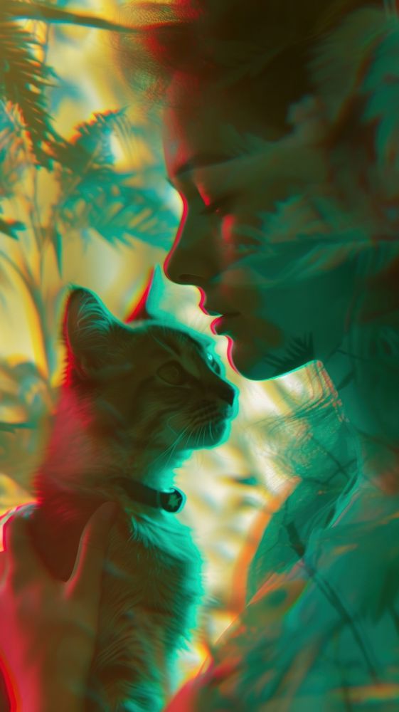 Anaglyph woman with her cat photography yellow green.