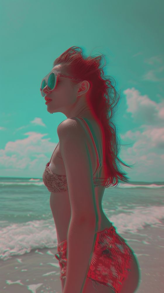 Anaglyph woman enjoy beach swimwear outdoors.