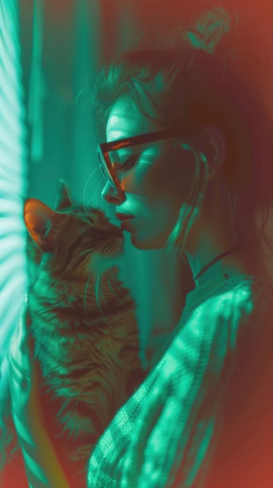 Anaglyph woman with her cat photography portrait glasses.