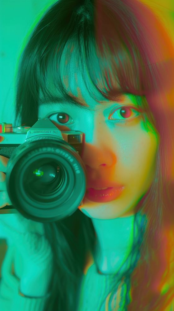 Anaglyph asian teenage girl with camera photography portrait green.