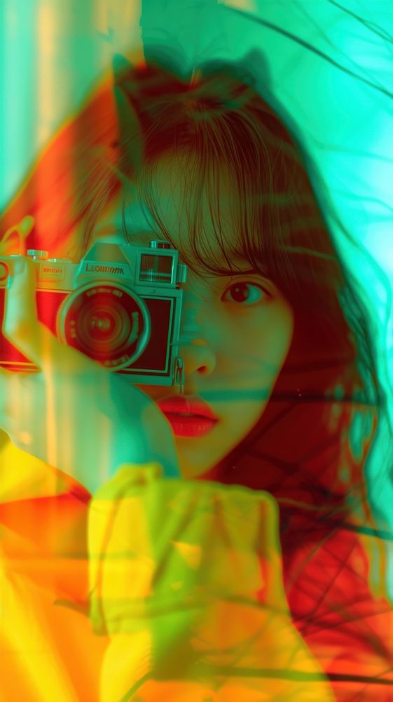 Anaglyph asian teenage girl with camera photography portrait yellow.