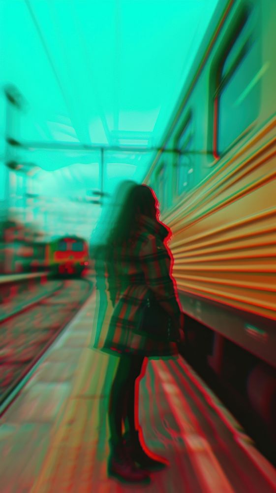 Anaglyph woman train photography yellow.