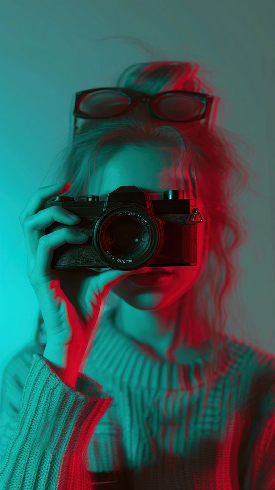 Anaglyph teenage girl with camera photography portrait glasses.