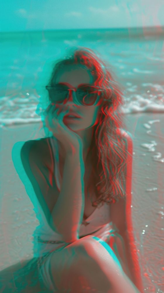 Anaglyph woman enjoy beach photography sunglasses.