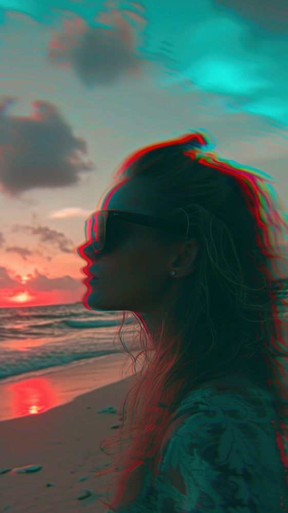 Anaglyph woman enjoy sunset beach photography.