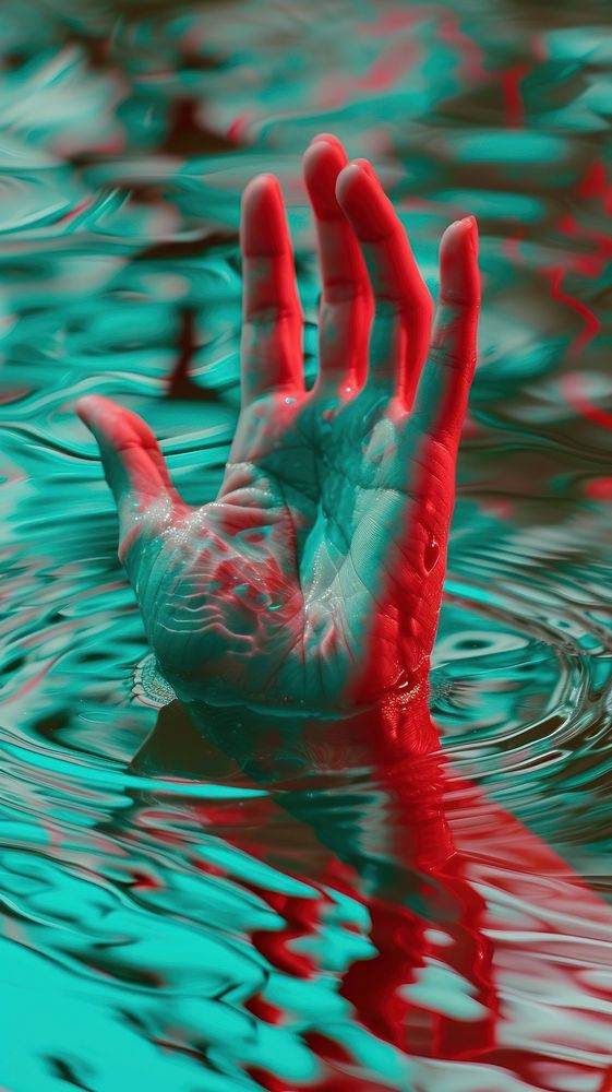 Anaglyph a hand dipping outdoors finger water.