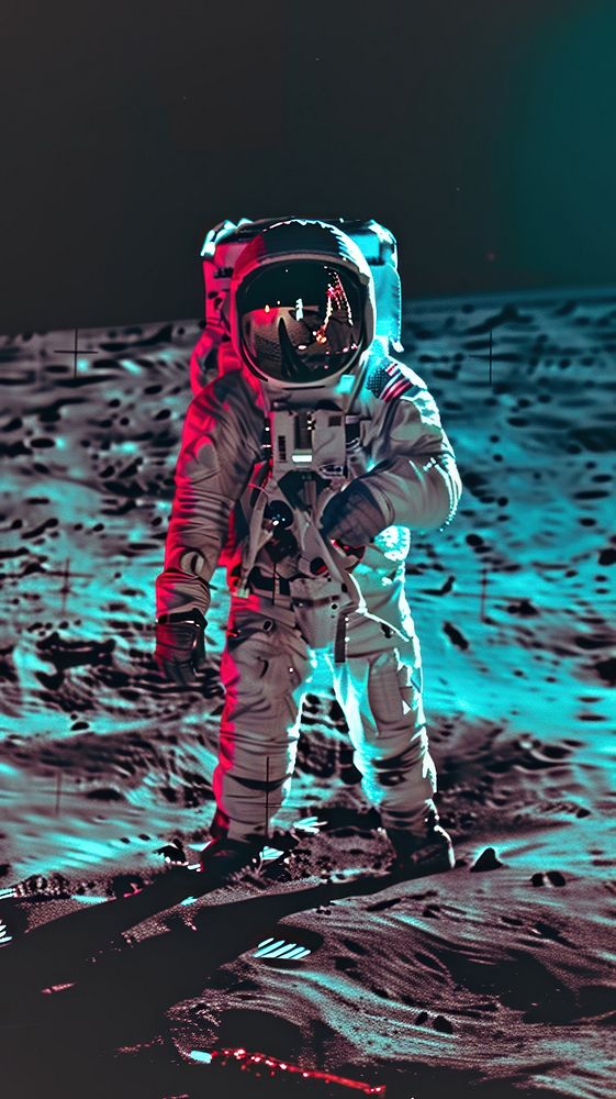 Anaglyph astronaut on moon outdoors night space.