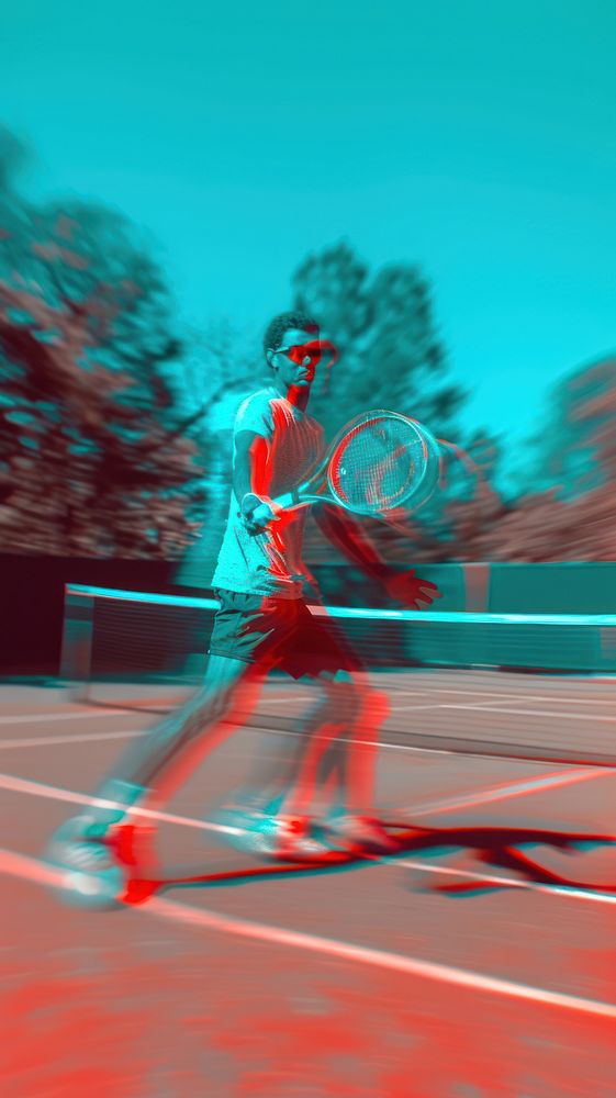 Anaglyph man playing tennis racket sports red.