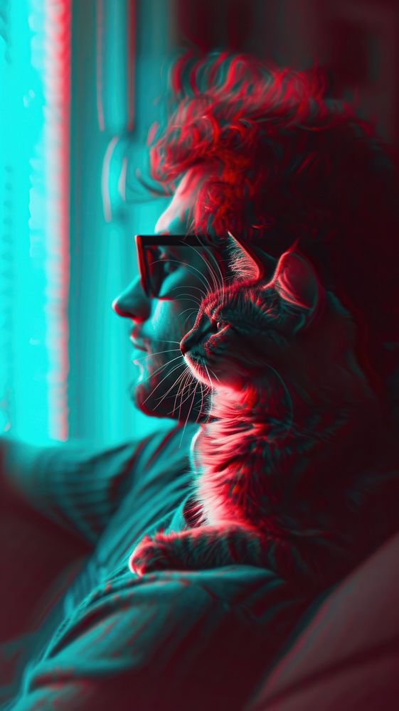 Anaglyph man with his cat photography portrait glasses.