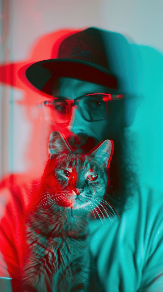 Anaglyph man with his cat photography portrait animal.