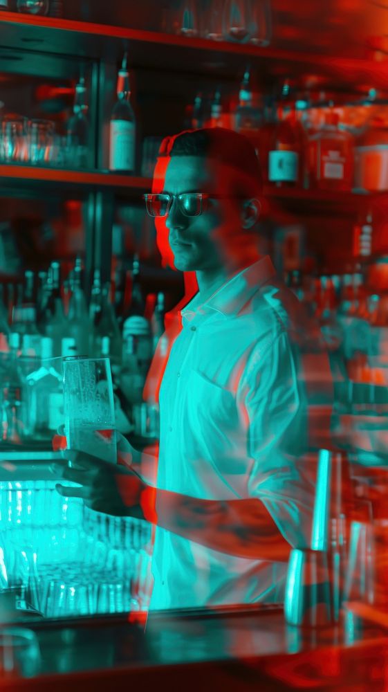 3d red cyan bartender working adult illuminated.
