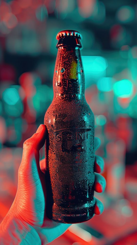 3d red cyan stylish black bottle beer holding.