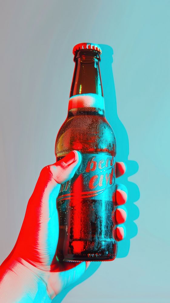 3d red cyan stylish black bottle beer holding.