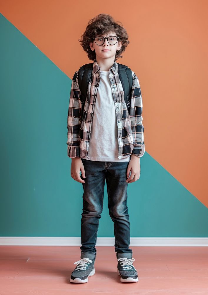 Photo of boy student glasses jeans denim.