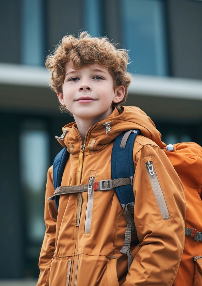 Photo of boy student backpack jacket child.