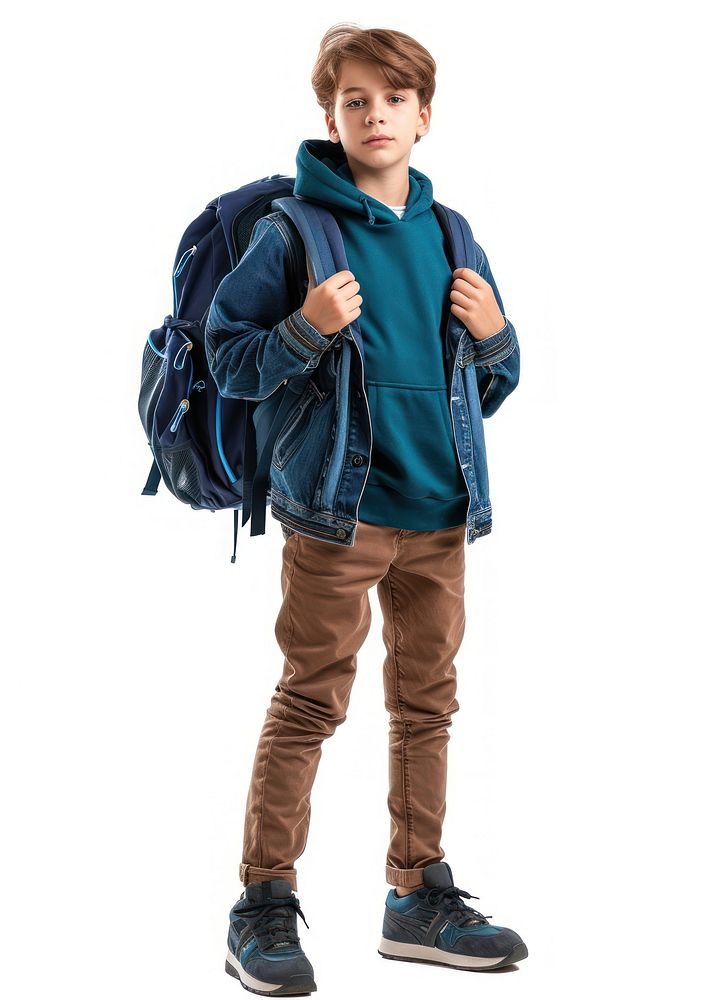 Photo of boy student backpack standing jacket.