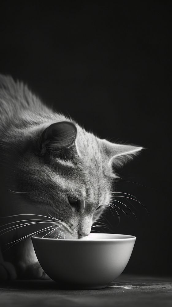 Cat drinking milk mammal animal bowl.