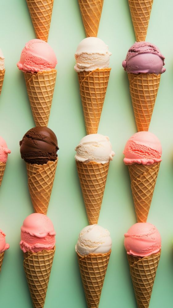 Ice cream cones dessert food arrangement.