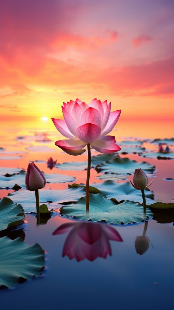 Lotus on sunset sky outdoors nature.