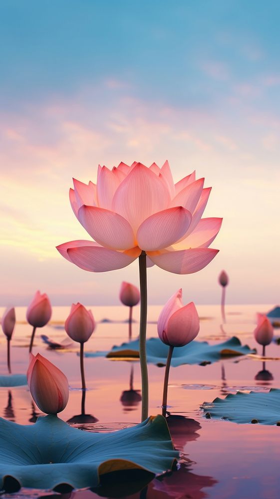 Lotus on sunset sky outdoors blossom.