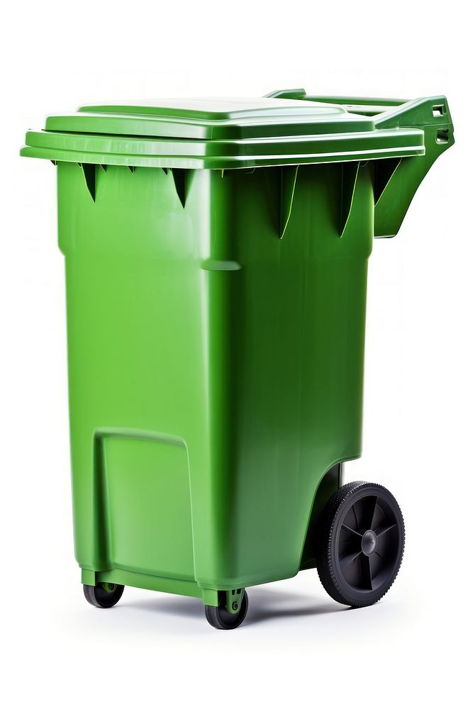 A green plastic bin white background container recycling.