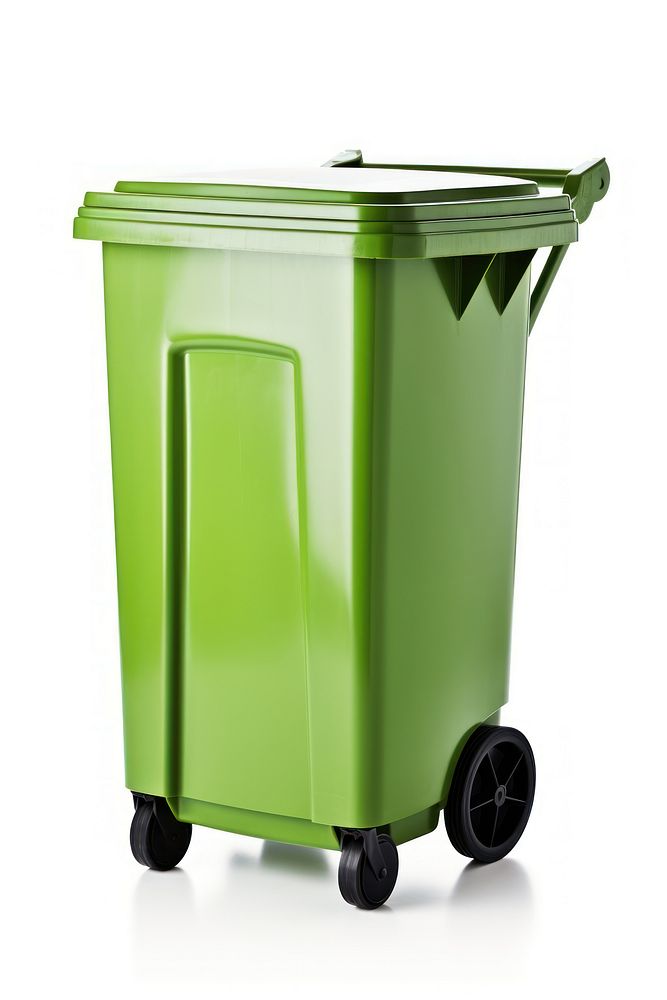 A green plastic bin white background container recycling.
