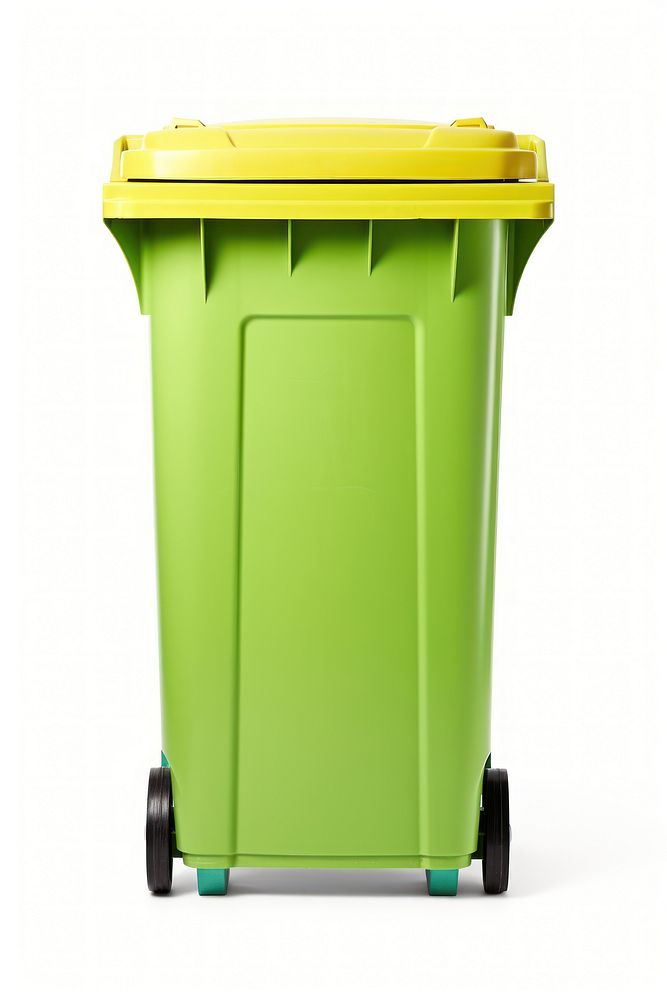 A green plastic bin white background recycling letterbox.