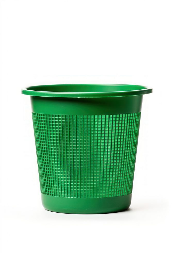 A green plastic bin white background flowerpot container.