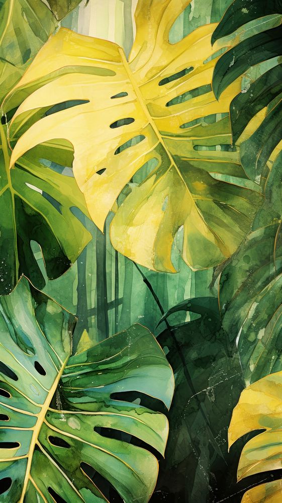 Abstract luxury tropical botanical art with palm leaves and monstera in forest greens and faint gold outdoors tropics nature.