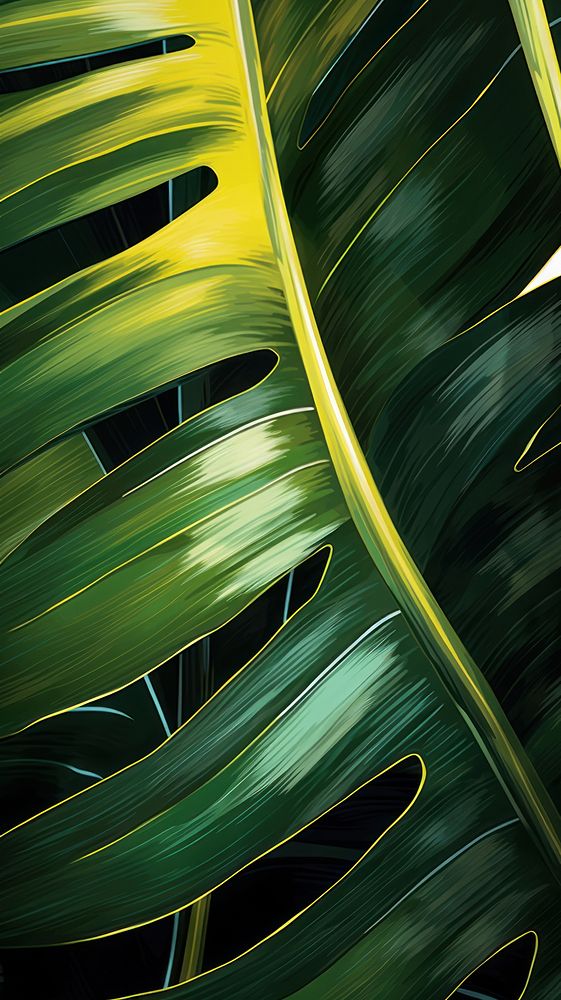 Abstract luxury tropical botanical art with palm leaves and monstera in forest greens and faint gold outdoors plant leaf.