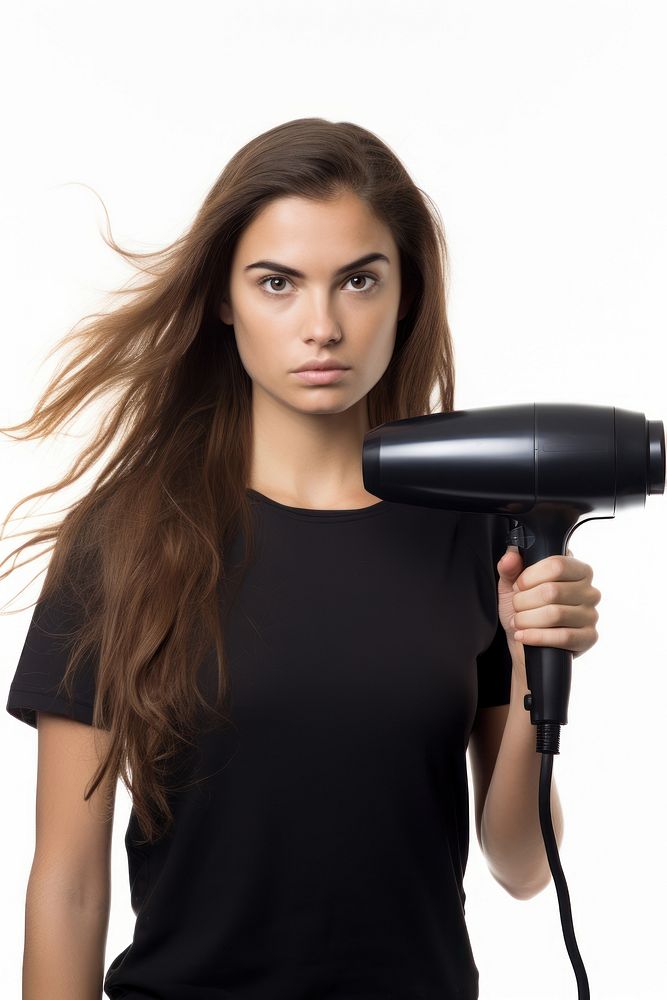 A person holding a hair dryer white background technology hairstyle.