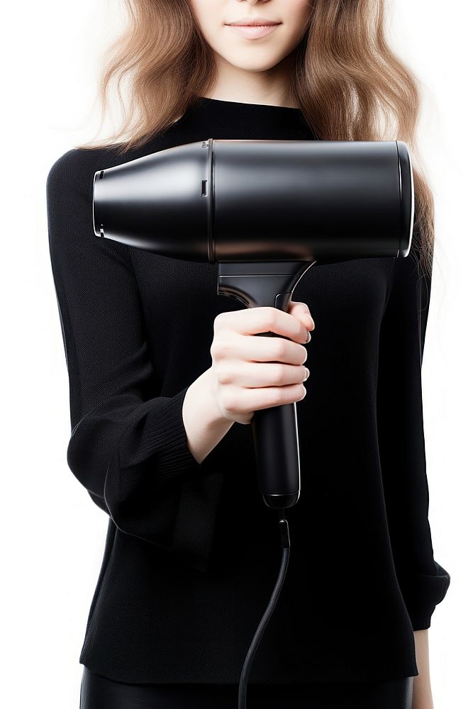 Person holding a hair dryer white background technology hairstyle.