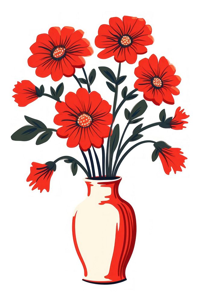 Red flowers vase Clipart cartoon plant white background.